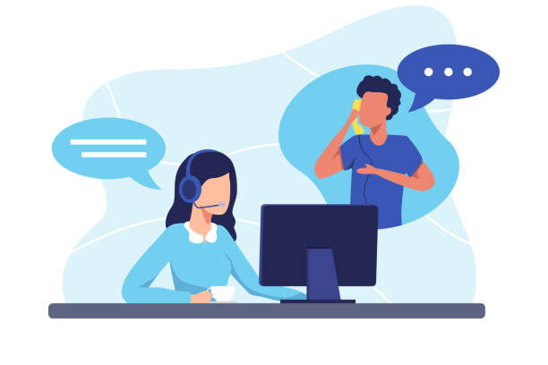 Female hotline operator advises client, Customer service, Customer and operator. Online global technical support 24 hours. Vector illustration in a flat style