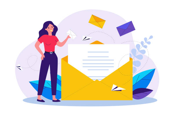 Woman holding business message in envelope flat vector illustration. Cartoon female office employee working with mail. Communication and contact concept
